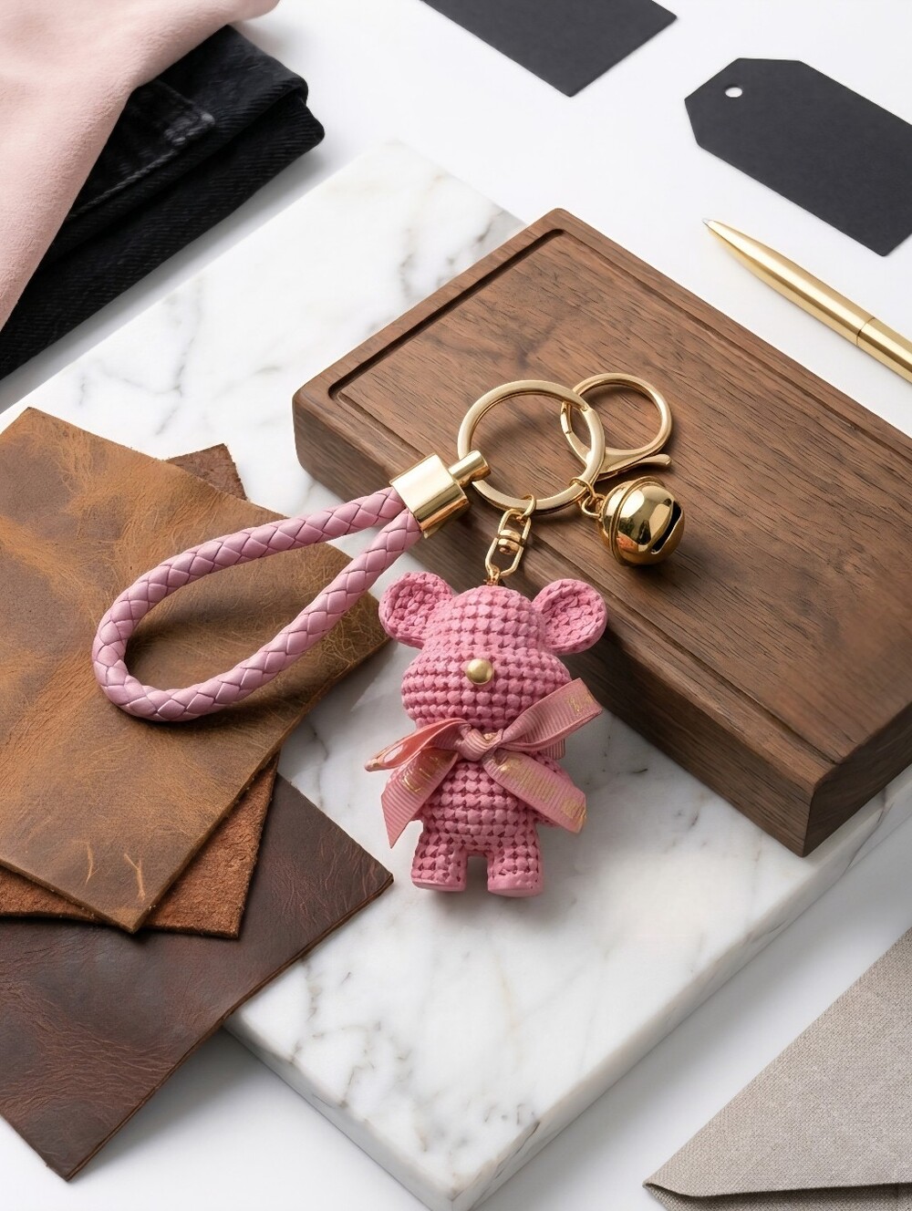 Pink Woven Bear Keychain with Gold Hardware -
